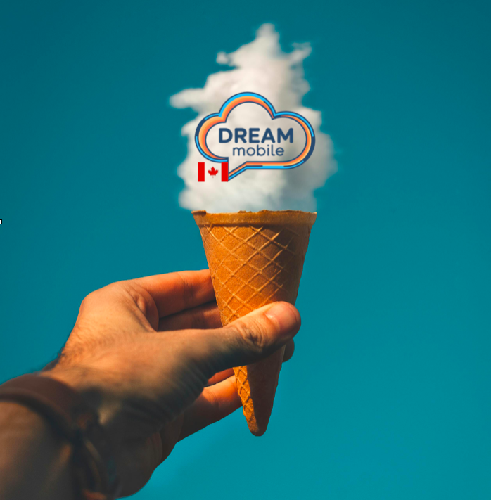 Hand holding an ice cream cone with a cloud-shaped logo that says "DREAM mobile" and includes a Canadian flag, against a blue sky background.