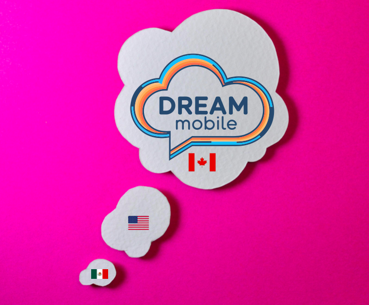 Paper cutouts with country flags and a speech bubble with the words "DREAM mobile" on a pink background.