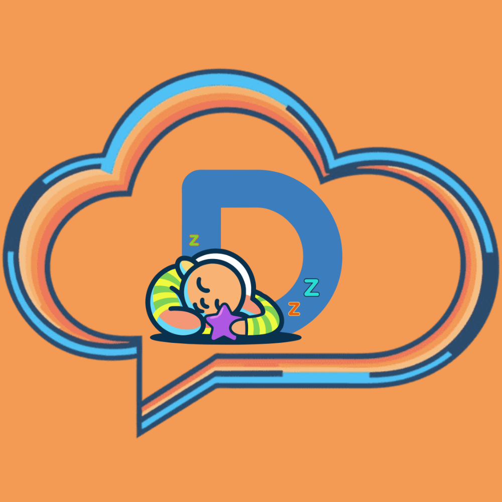 A cartoon illustration of a sleeping bear hugging a star with a large blue letter D and a cloud-shaped speech bubble in the background, on an orange backdrop.