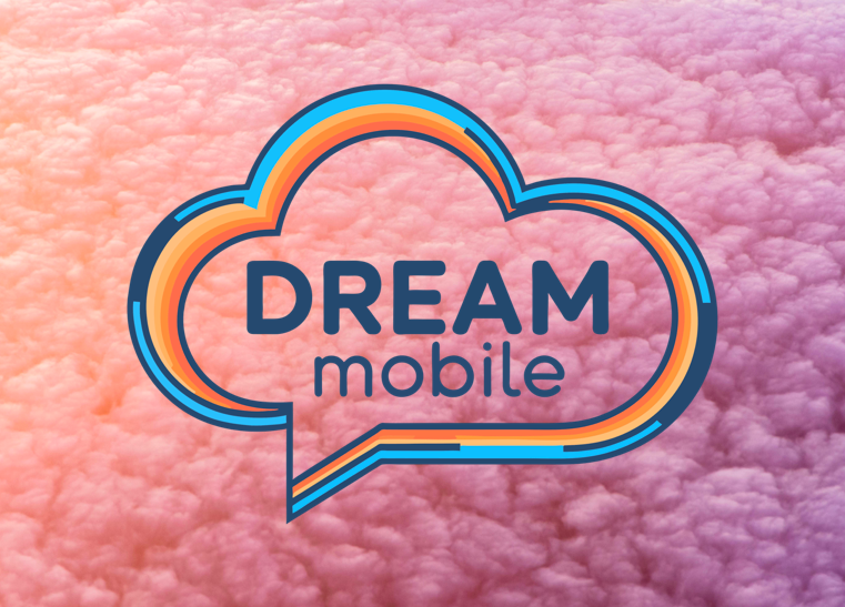 Logo for Dream Mobile featuring a multicolored cloud outline on a pink, cloudy sky background.