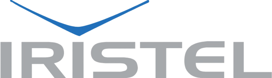 Close-up of a computer or TV screen displaying a stylized logo with blue and purple lines and gray text.