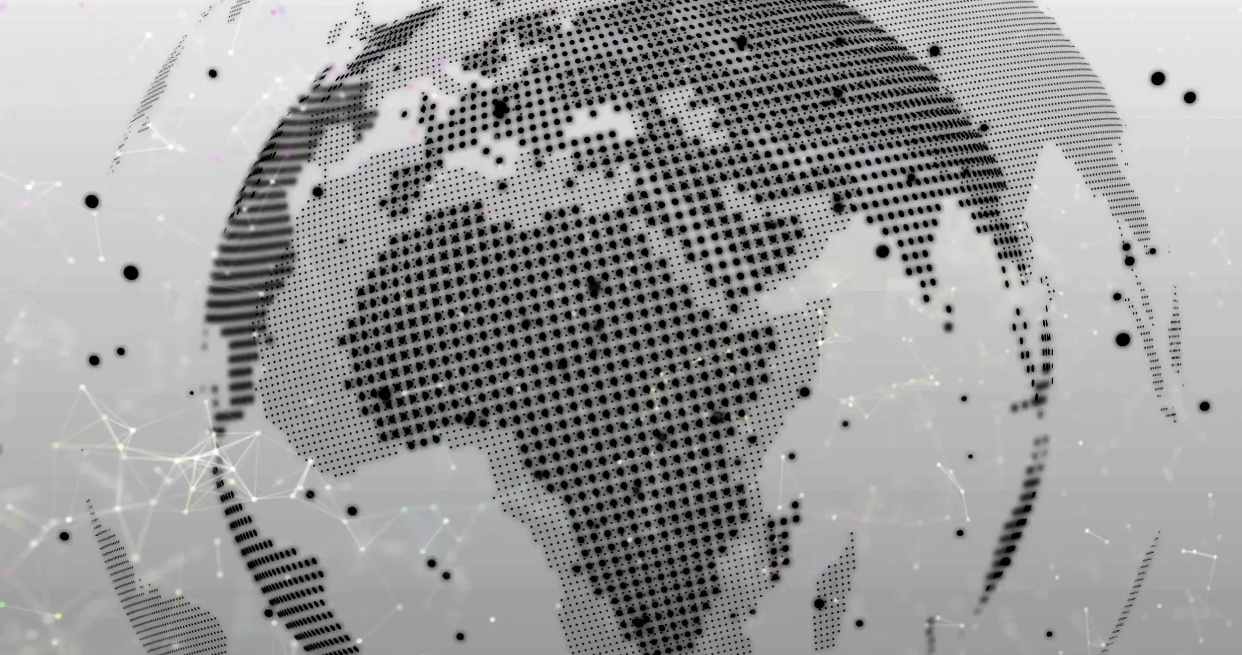 Digital illustration of a world map, focusing on South America, made up of black dots against a gray background with interconnected lines and points.