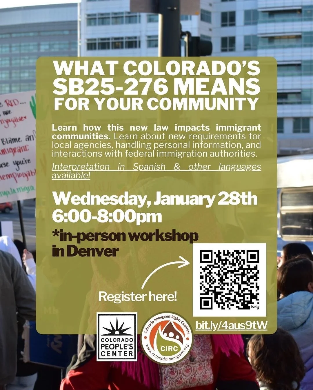 Join Colorado Immigrant Rights Coalition and Colorado People&rsquo;s Center for a workshop to learn how SB25-276 strengthens protections for immigrant communities. You will learn about the policies that schools, hospitals, childcare facilities and ot