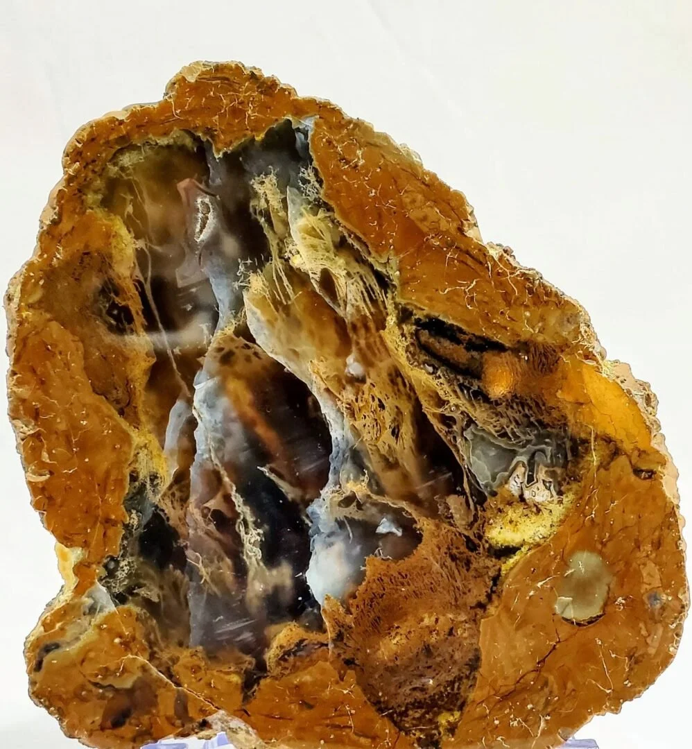 Polished thunderegg with exposed agate interior.