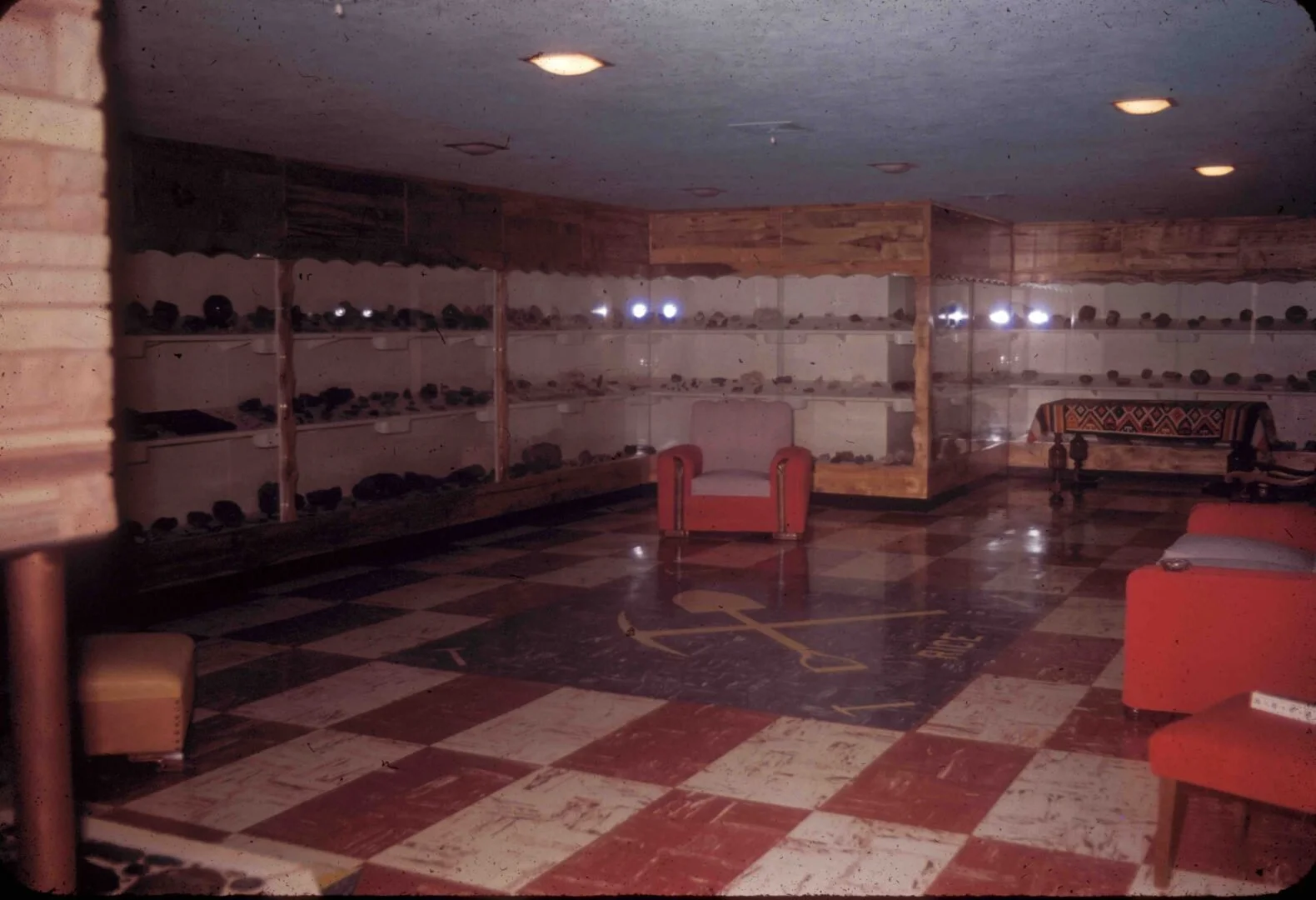 Original layout of the basement in 1953, with the glass display shelves lining the walls