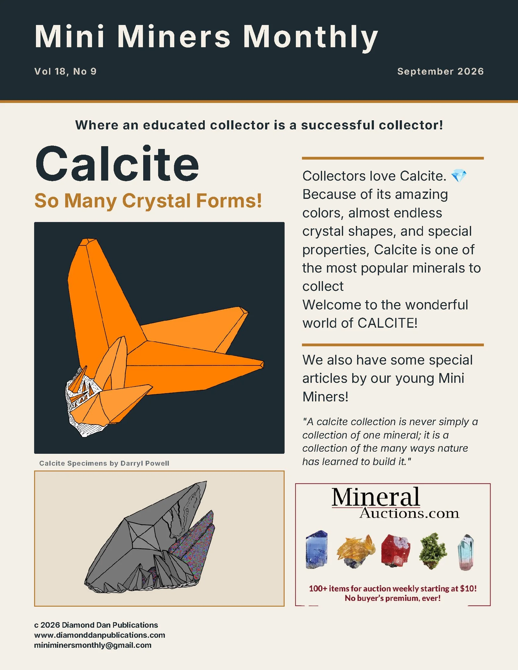 Cover of Mini Miners Monthly for September 2026. Showing Calcite.