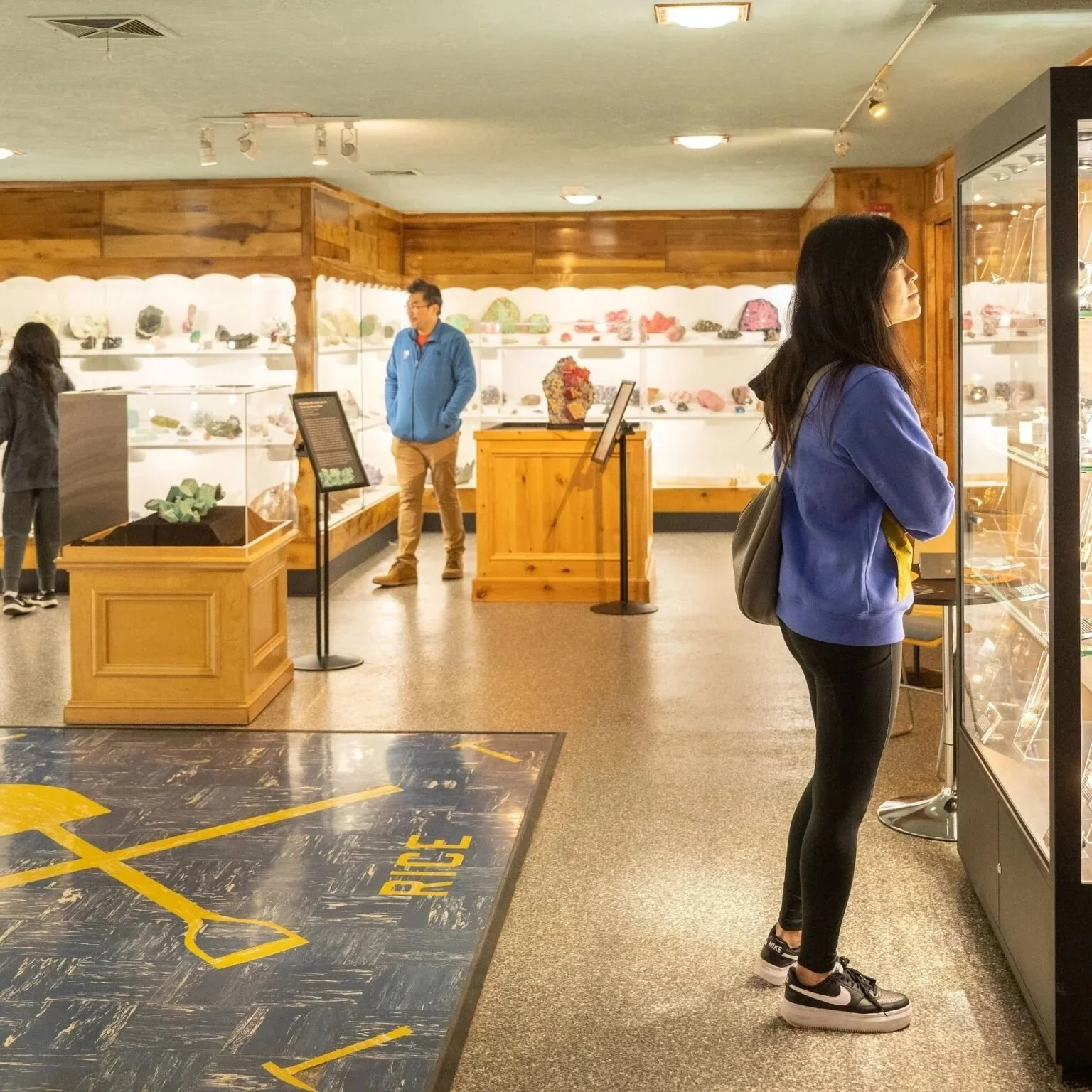 Foreground woman looking in display case. Background two visitors wander through the Main Gallery of minerals at the Museum.