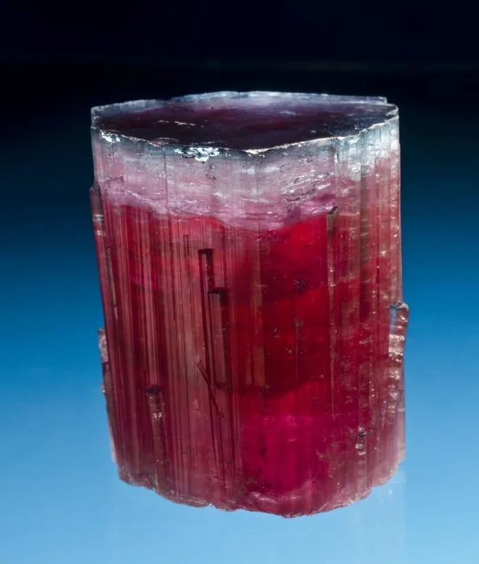 Prismatic tourmaline crystal with pronounced vertical striations, displaying deep pink to red coloration and a flat crystal termination.