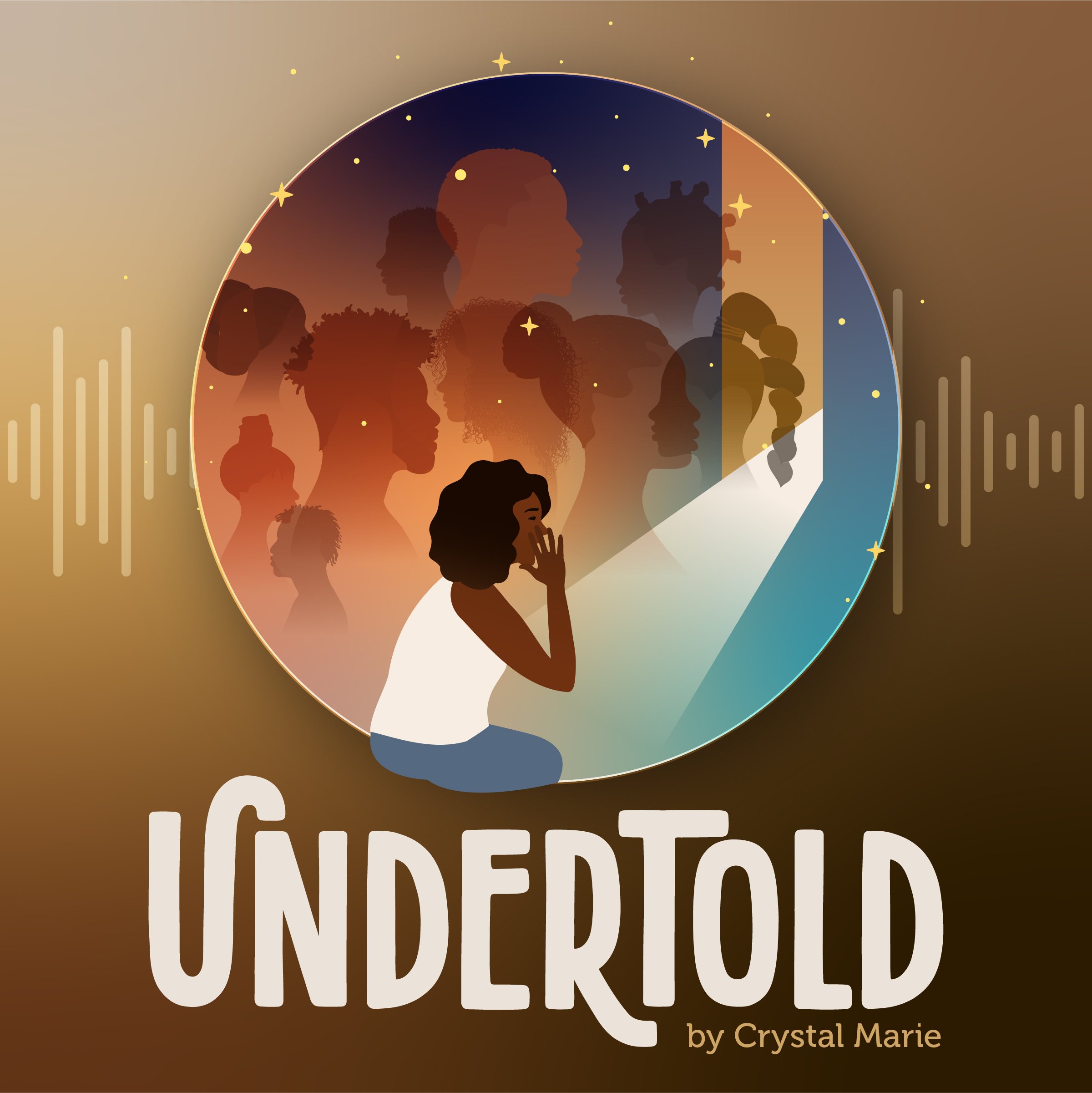 image of a brown skin woman telling stories with images of Black people in the background, leading to a cracked door with a light shining through