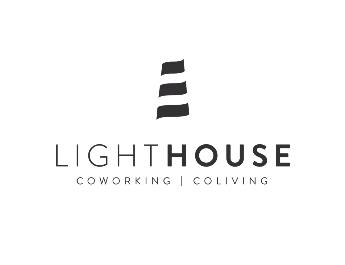 Lighthouse coworking and coliving logo with a stylized lighthouse icon and text in black and gray.
