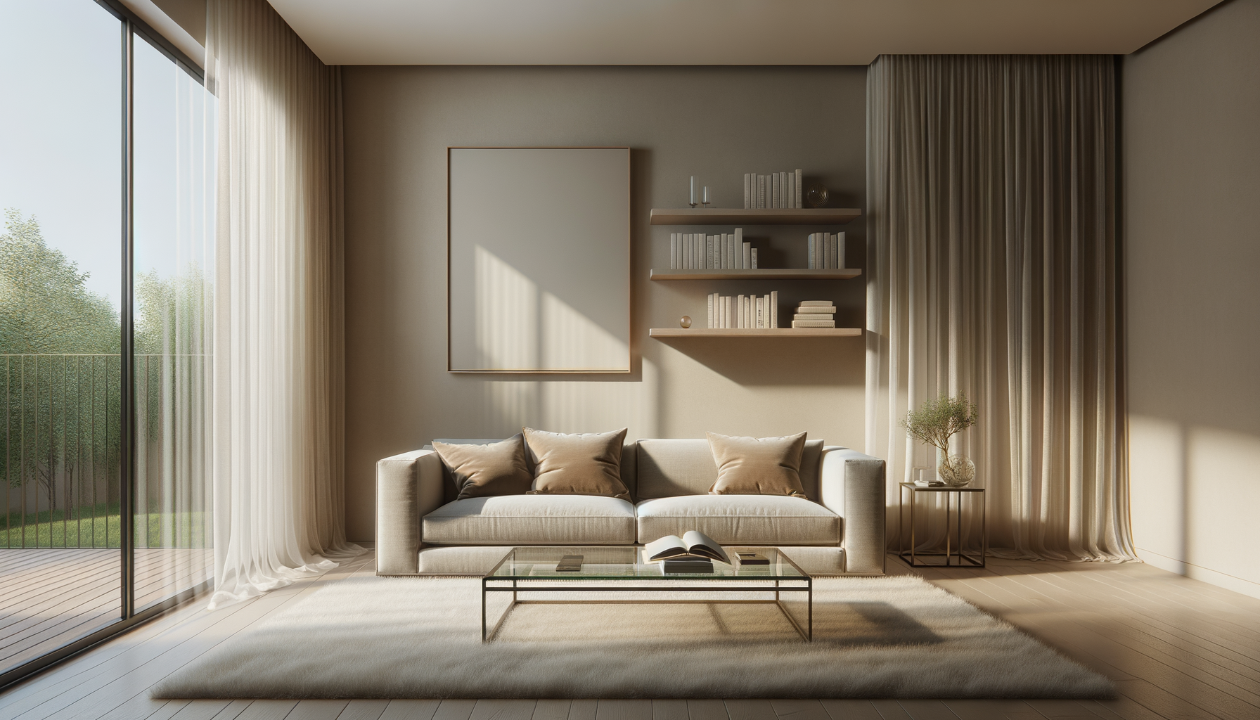 Sunlit modern living room with beige sofa, throw pillows, glass coffee table, and a side table with a decorative plant; large glass doors with sheer curtains reveal an outdoor balcony with a railing and trees.