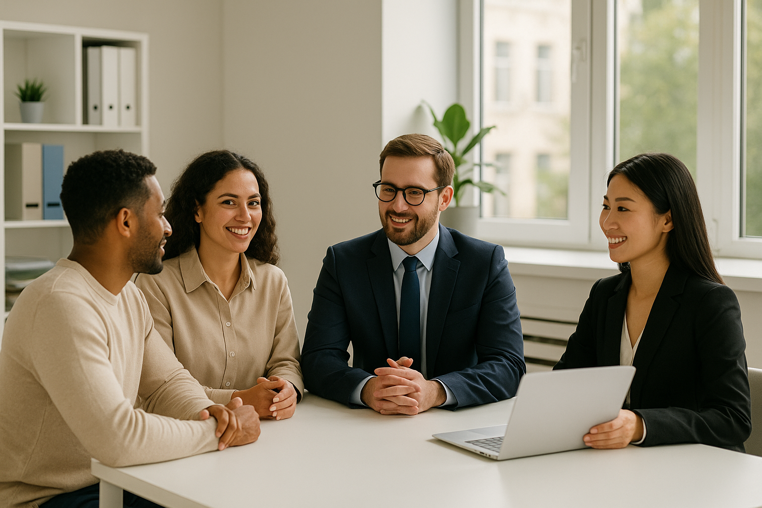 Four diverse professionals engaged in a friendly meeting around a table in an office, with a woman in business attire holding a laptop.