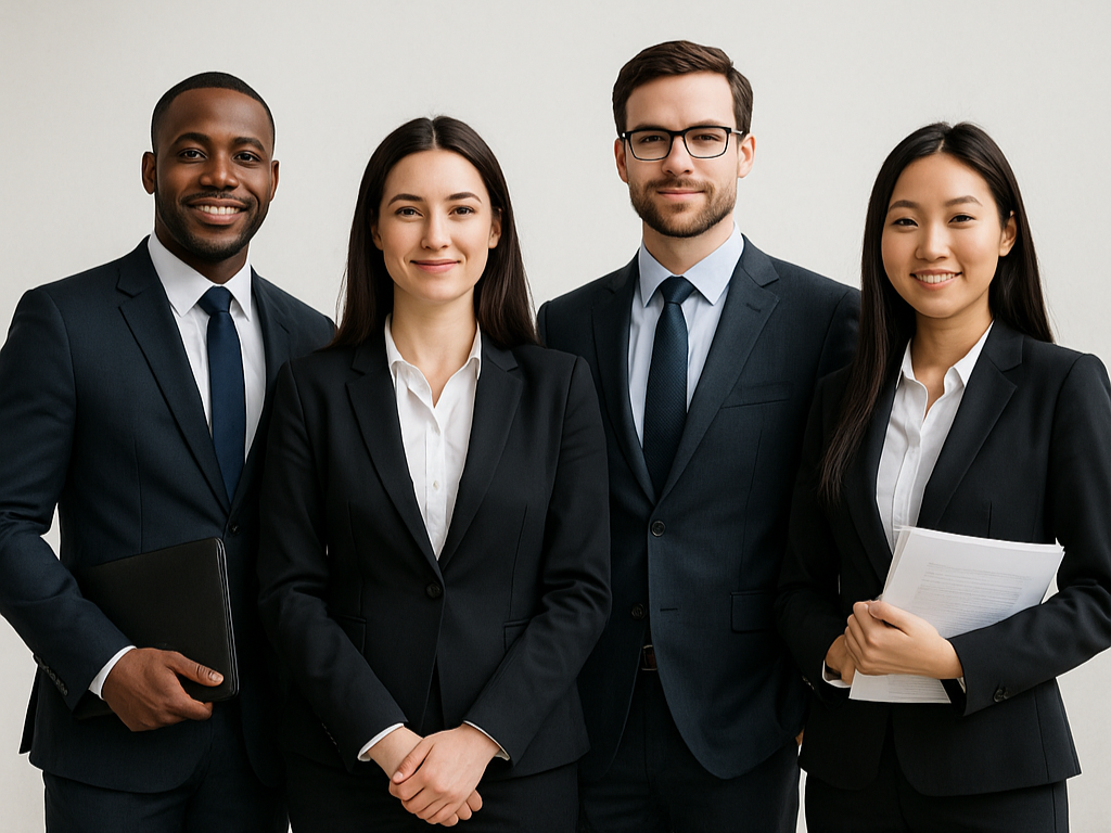 Four professionally dressed individuals standing side by side, smiling, in a well-lit office setting.