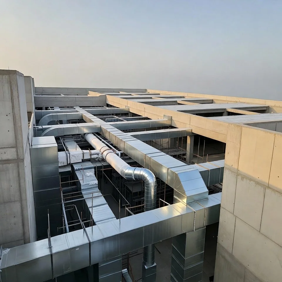 View of building with exposed ductwork and ventilation systems on the roof, with partly cloudy sky in the background.