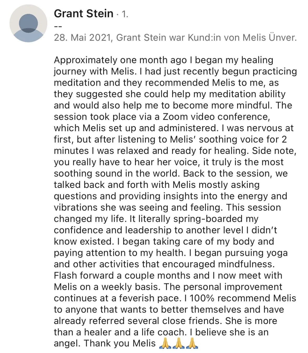 Screenshot of a posted review or testimonial in German and English about Melis, who offers guided meditation and healing sessions via Zoom, helping the reviewer with mindfulness, confidence, health, and personal growth.