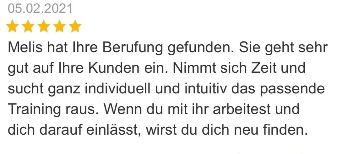 German-language review with five gold stars, dated 05.02.2021, praising someone's work with clients and matching training to individual needs.