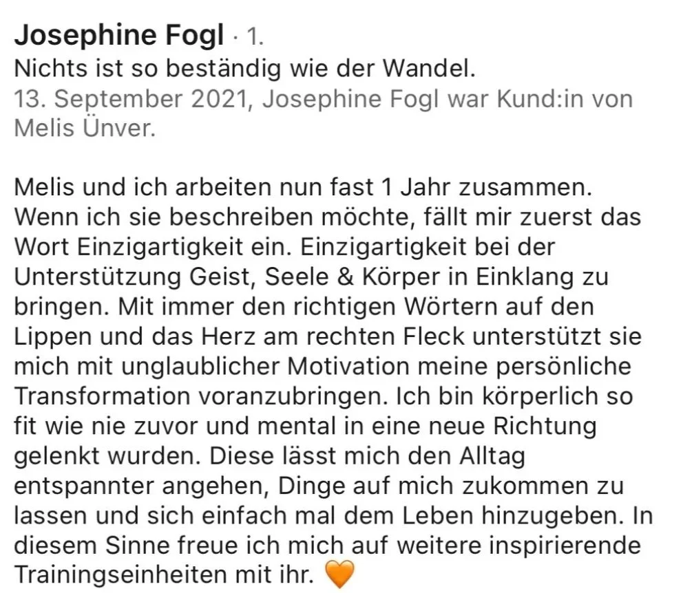 Screenshot of a German text discussing personal growth and motivation, mentioning Josephine Fogl and Melis Ünver.
