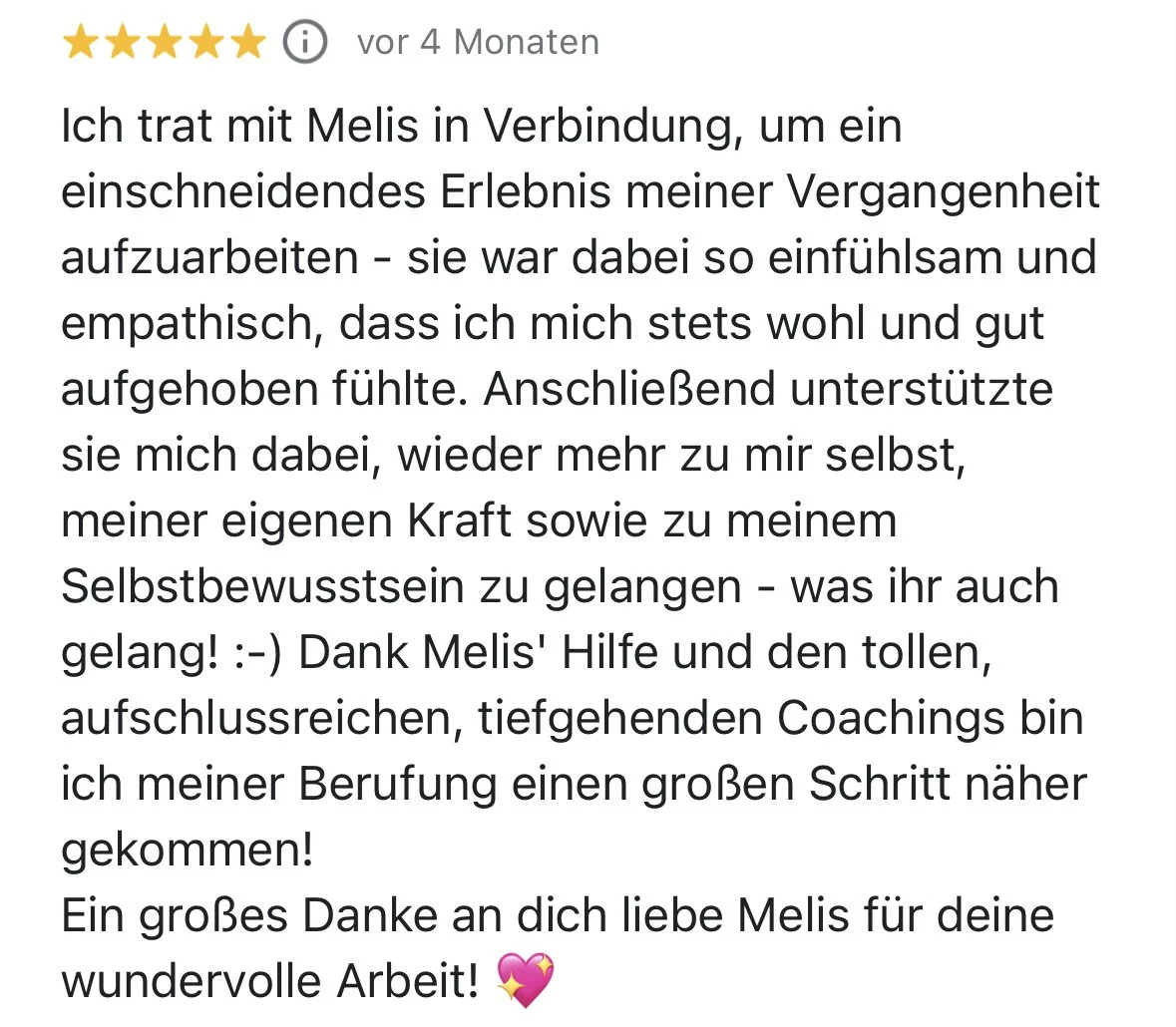 Review written in German expressing gratitude to Melis, mentioning emotional and empowering coaching experience, and thanking Melis for help in personal growth, with a pink heart emoji at the end.