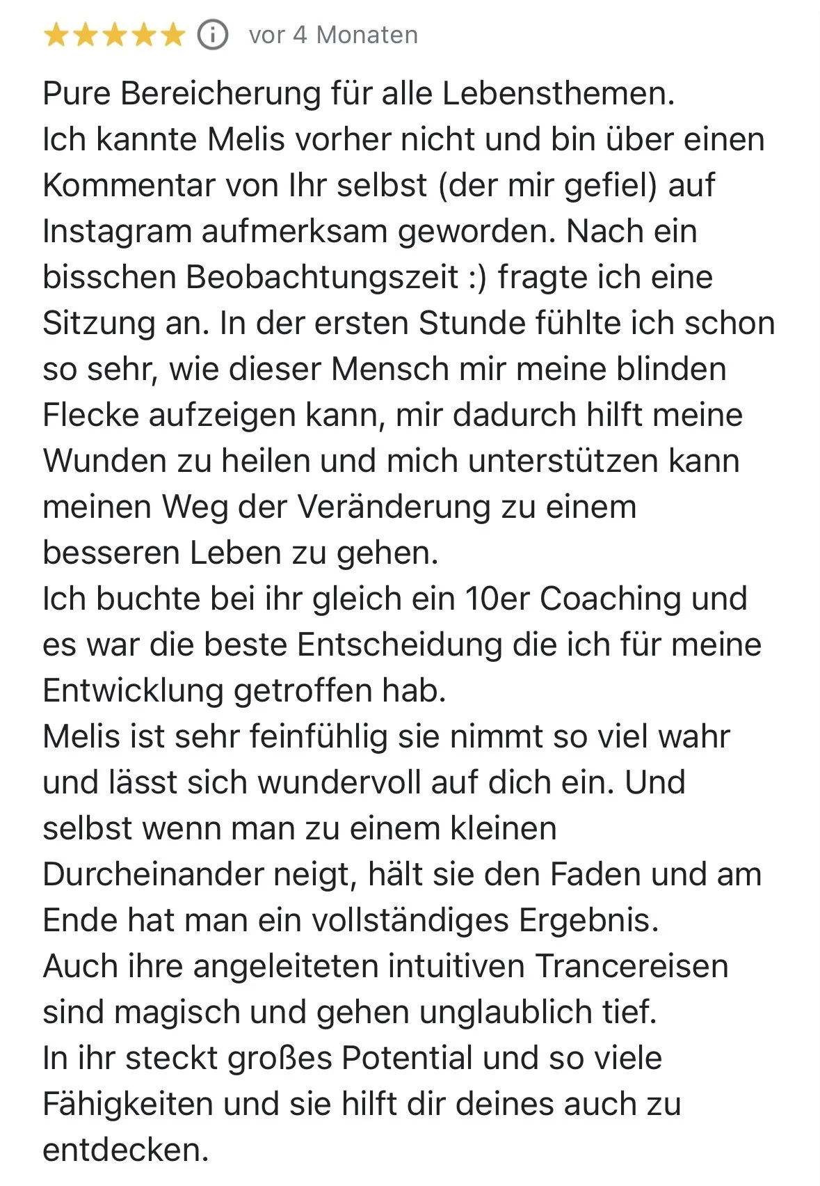 Customer review in German about a coaching session, mentioning personal growth, healing, and intuitive travel, with a five-star rating.