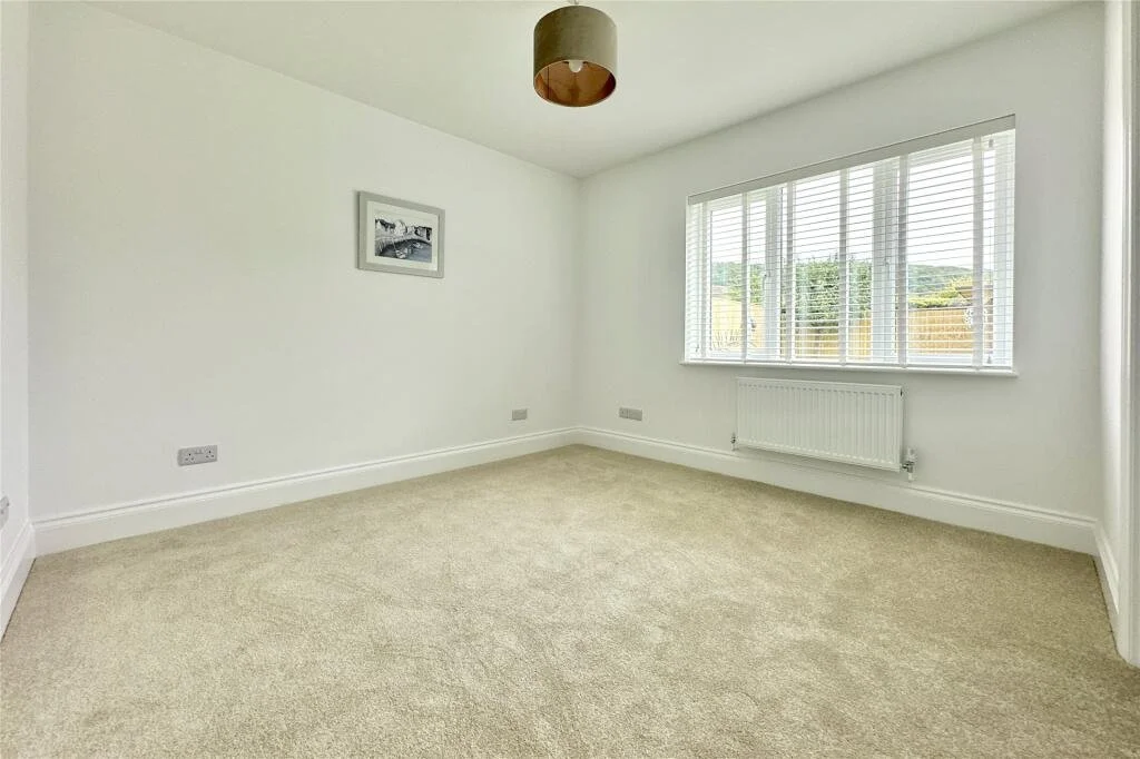 Empty room with white walls, beige carpet, large window with blinds, radiator below window, and one small framed picture on wall.