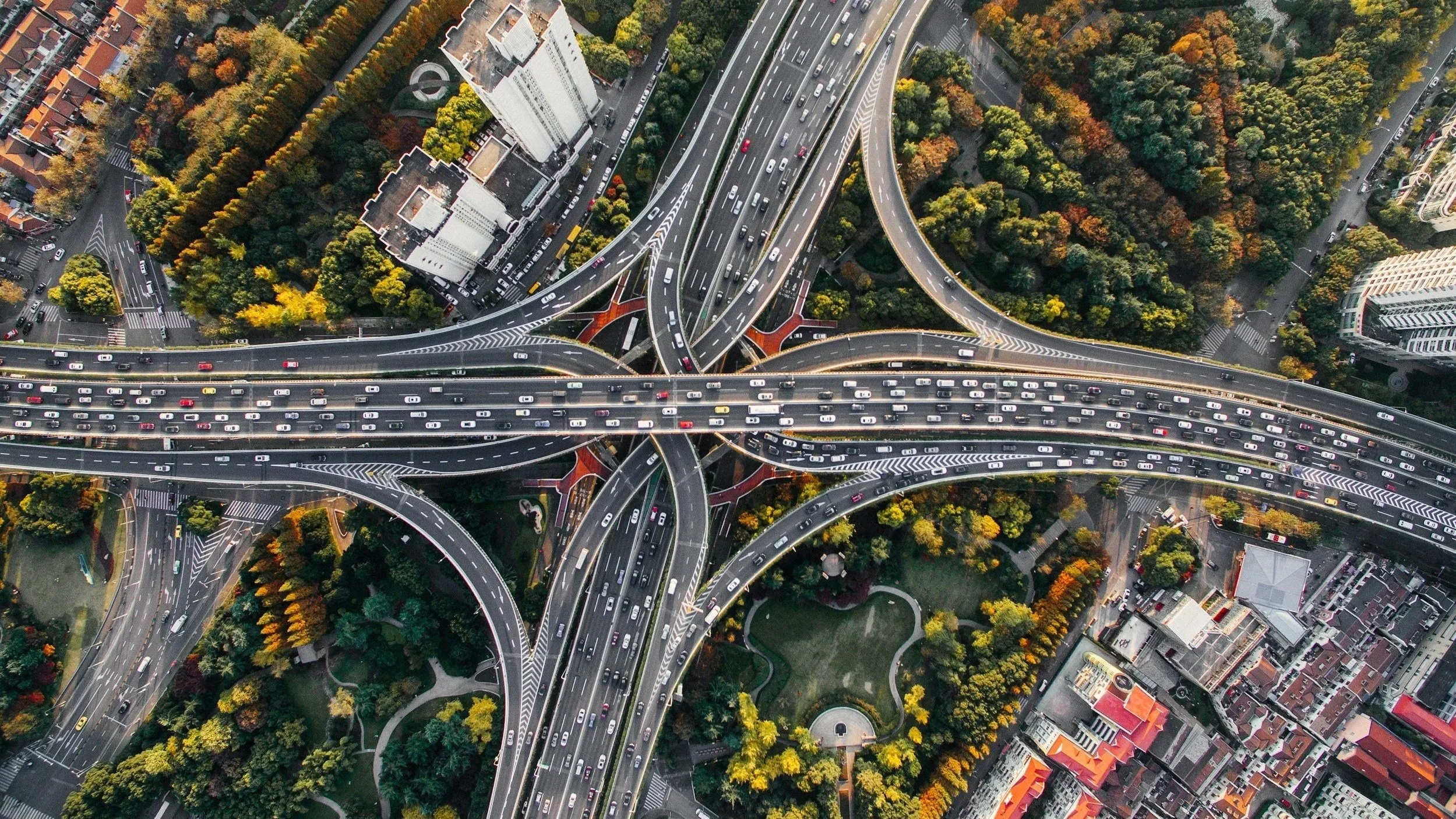 An aerial view of a complex highway interchange with multiple levels, overpasses, and loops, surrounded by trees with autumn foliage and buildings.