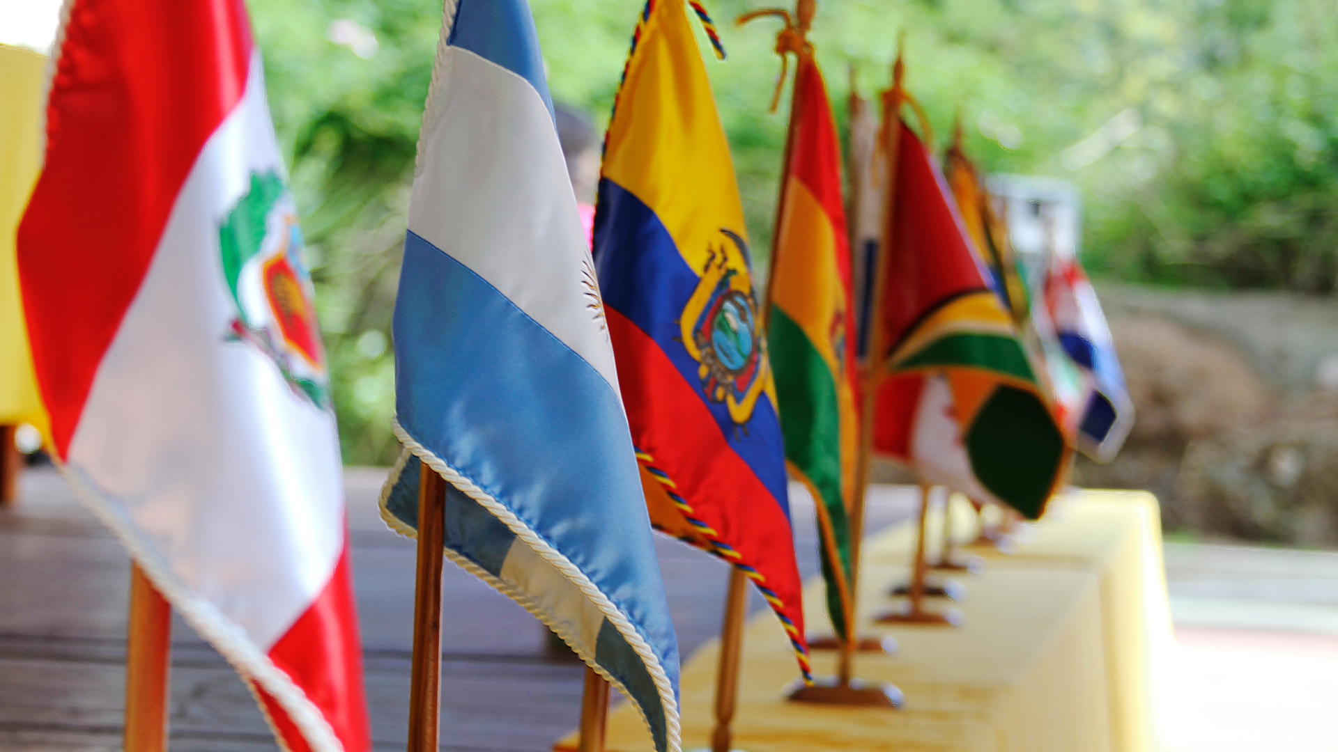 A row of small international flags displayed on wooden sticks on a yellow table outdoors, with a blurred background of green trees.