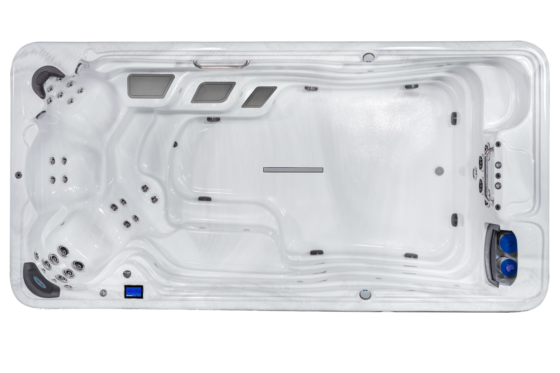 Top view of a white hot tub with multiple jet nozzles, digital control panel, headrest, and water inlet fittings.