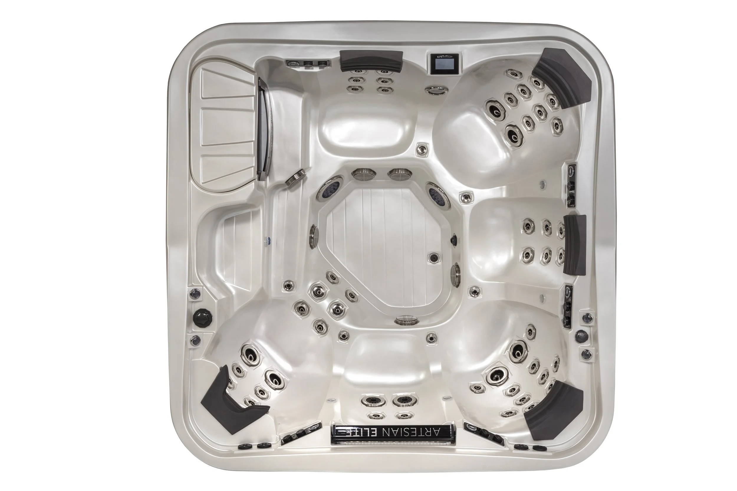 Top view of a white hot tub with multiple jets, massage seats, a digital display, and control panels.