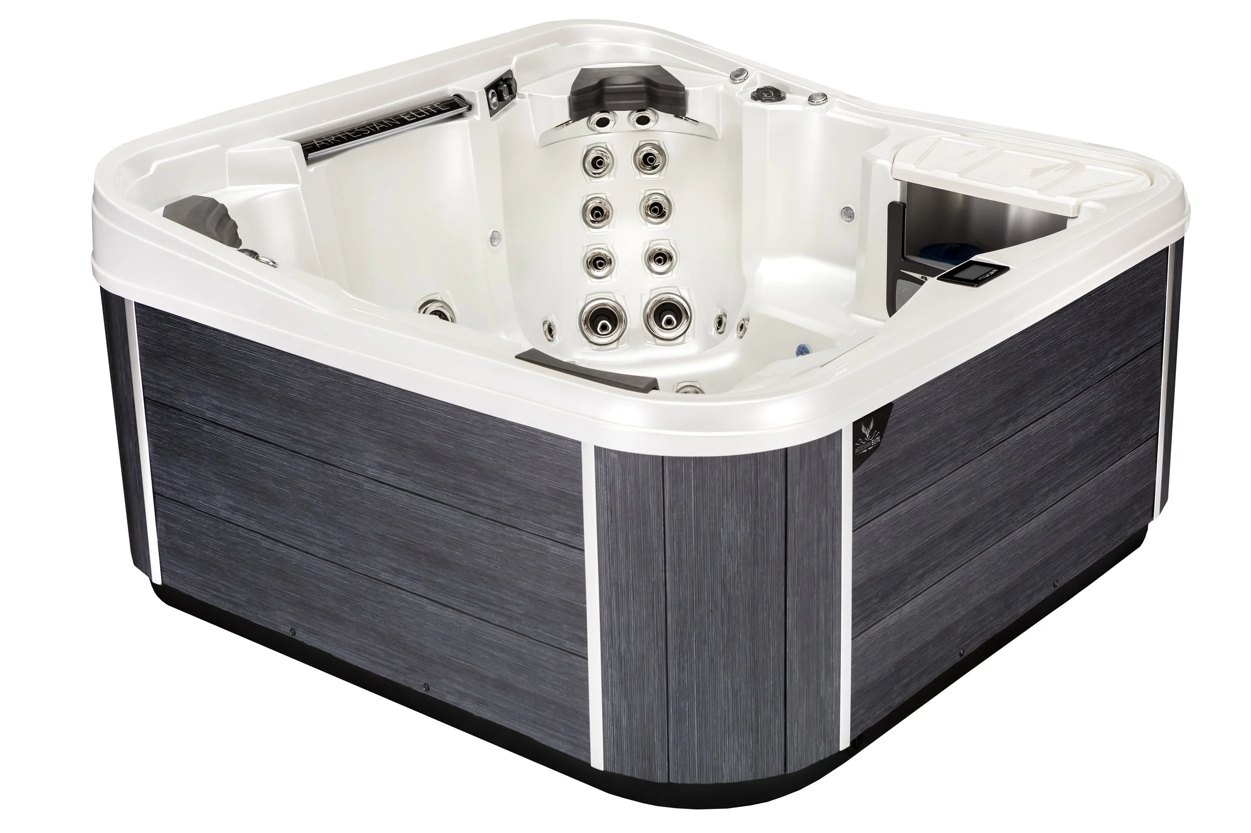 A white hot tub with multiple jets and seating areas, surrounded by black wood panel siding.