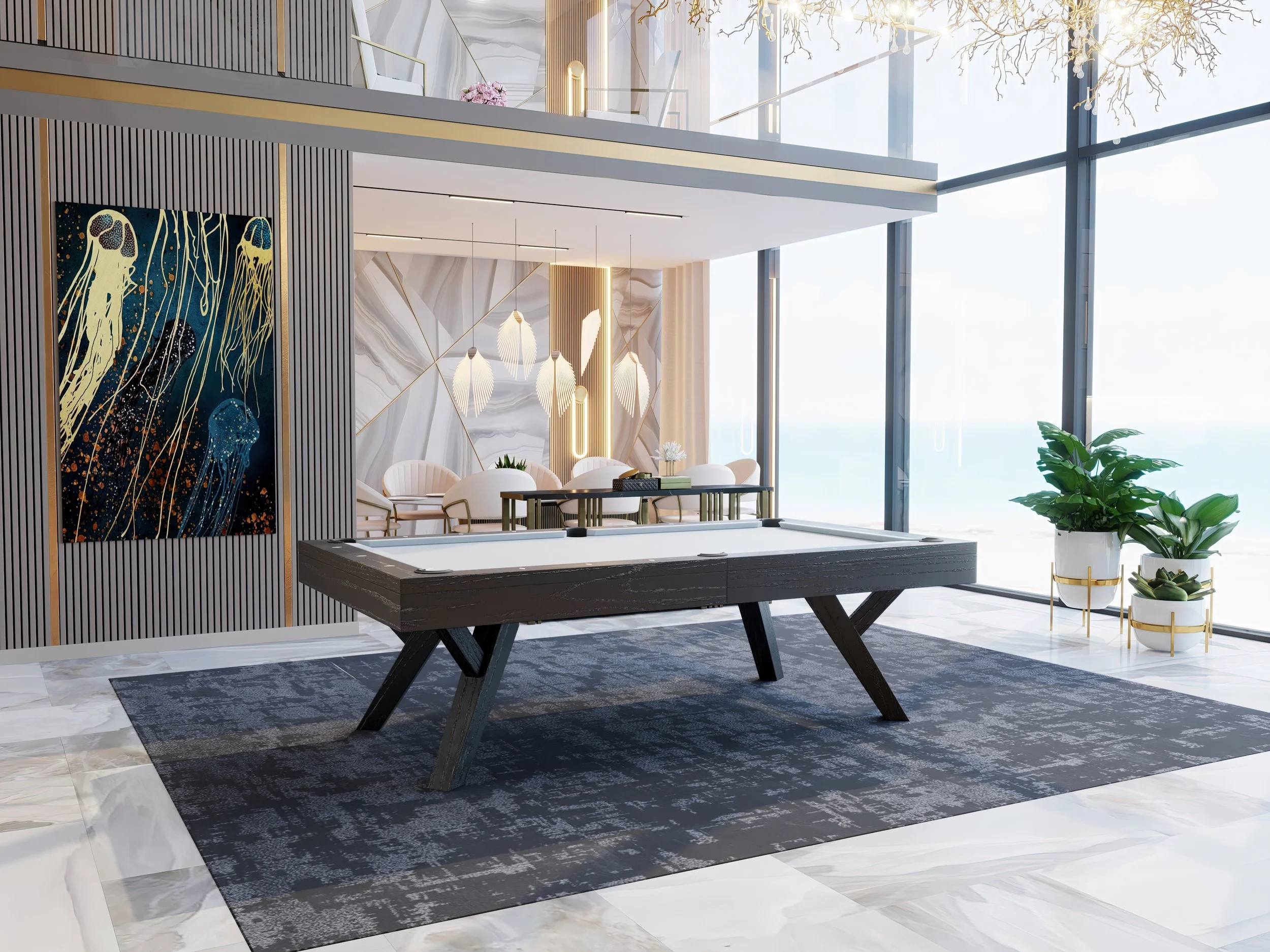 Modern interior of a spacious, bright room with large floor-to-ceiling windows, featuring contemporary artwork of jellyfish, a pool table, white chairs around a table, a black and gray rug, and decorative plants.