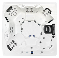 Empty white hot tub with multiple jets and seating areas