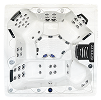 Top view of a white hot tub with multiple seating areas, jets, and control panel.