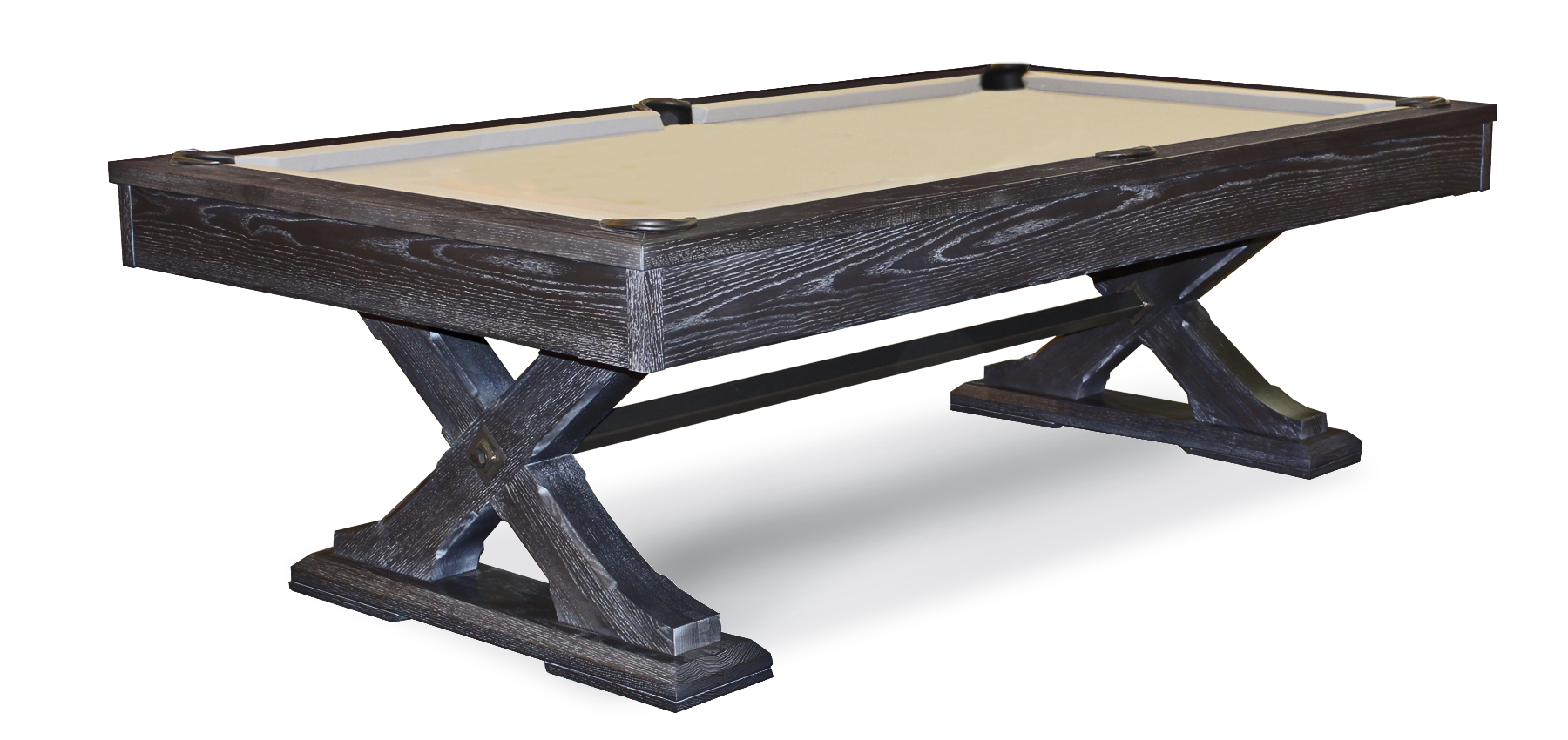 Dark wooden shuffleboard table with a beige playing surface, supported by sturdy X-shaped legs.