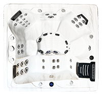 A hot tub with multiple chairs and jets, featuring control panels on the armrests and a textured black control panel on the side.