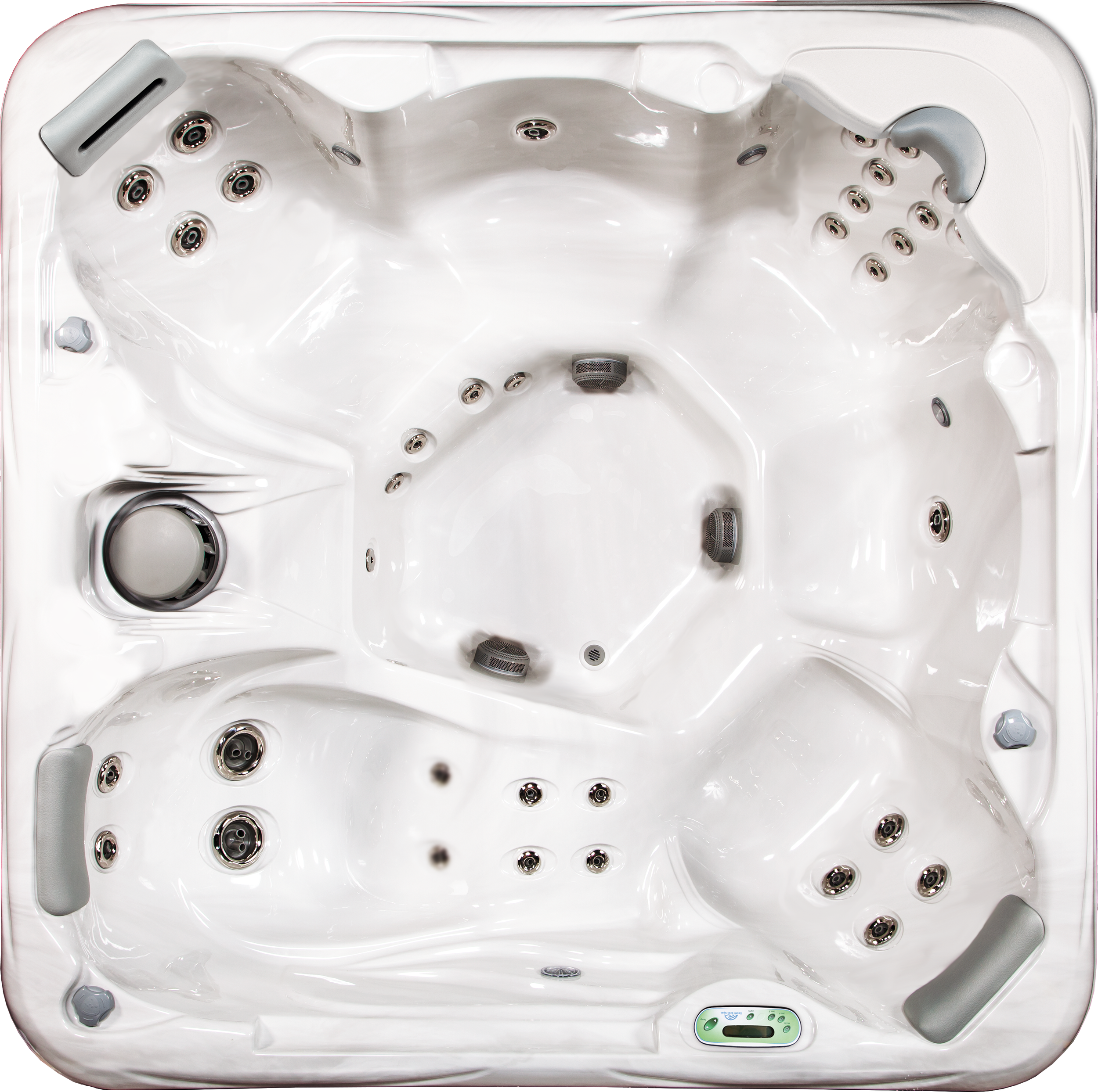 Top view of a white hot tub with multiple jets, headrests, and control panel.