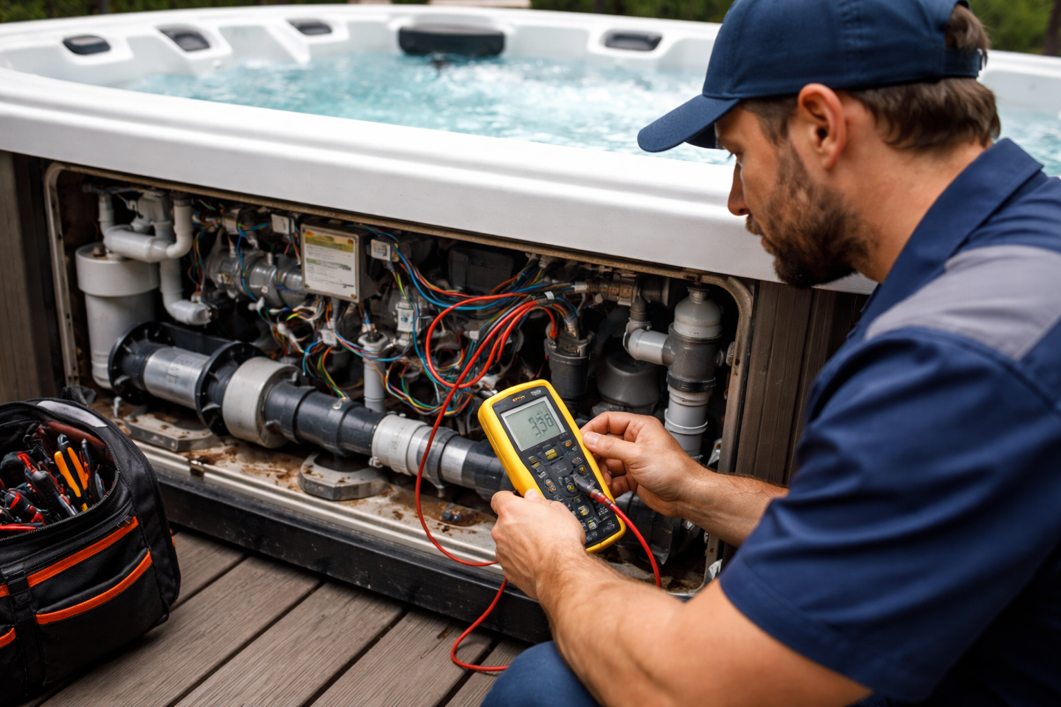 A technician inspecting the internal components of a hot tub with a multimeter on a wooden deck.