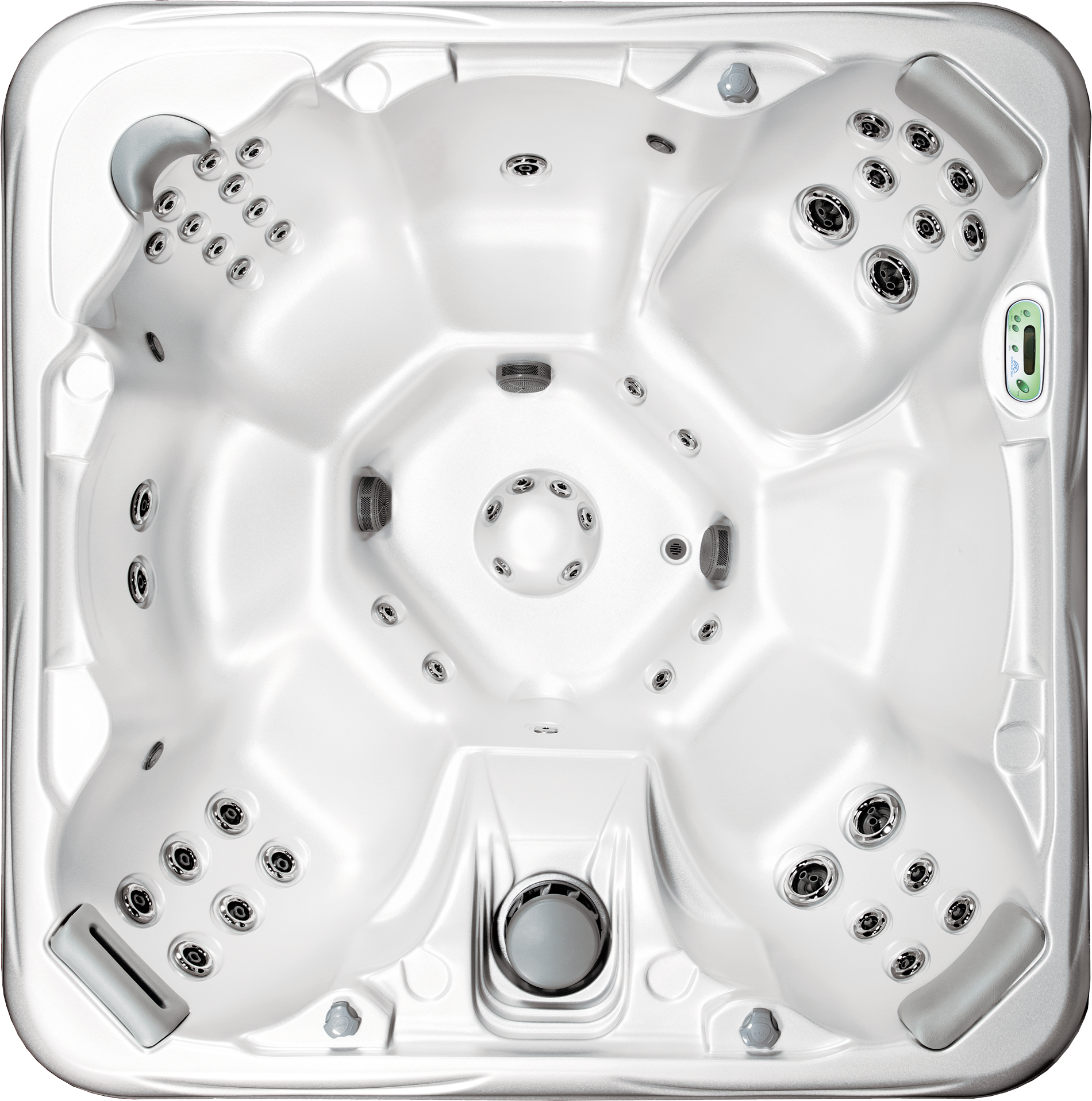 Top view of a white hot tub with numerous black and silver jet nozzles, a digital control panel on the right side, and a small black drain at the bottom center.