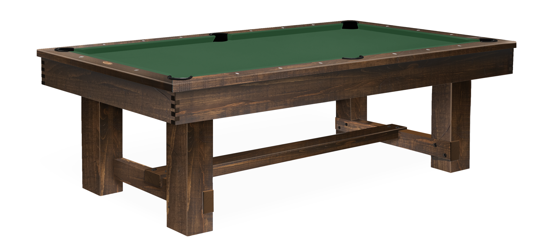 A green-felt pool table with a dark wooden frame and legs, viewed from an angle.