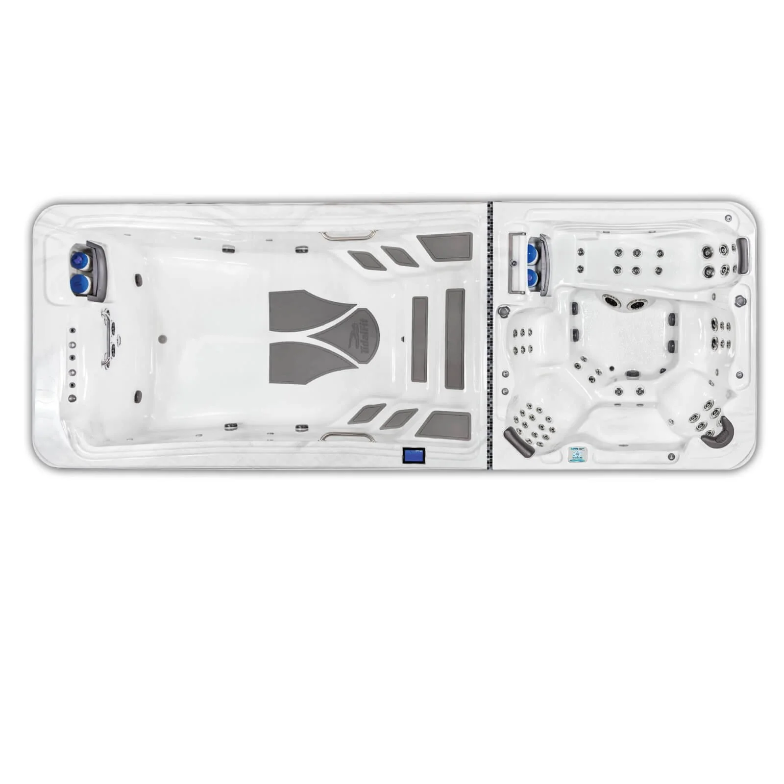Top-down view of a white hot tub with multiple jet nozzles, control panel, and seating areas.