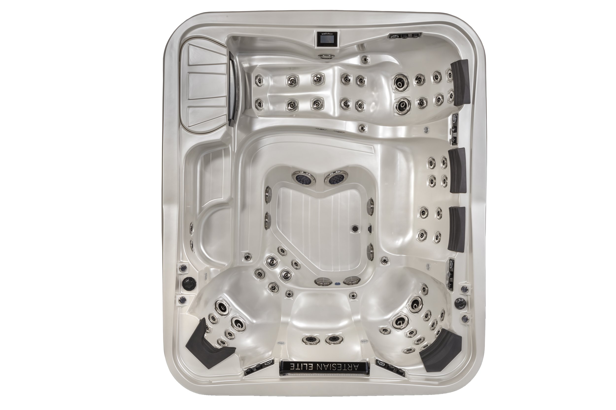 A white hot tub with multiple jets and seating areas.