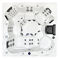 A white hot tub with multiple seats, control panel, and built-in jets.
