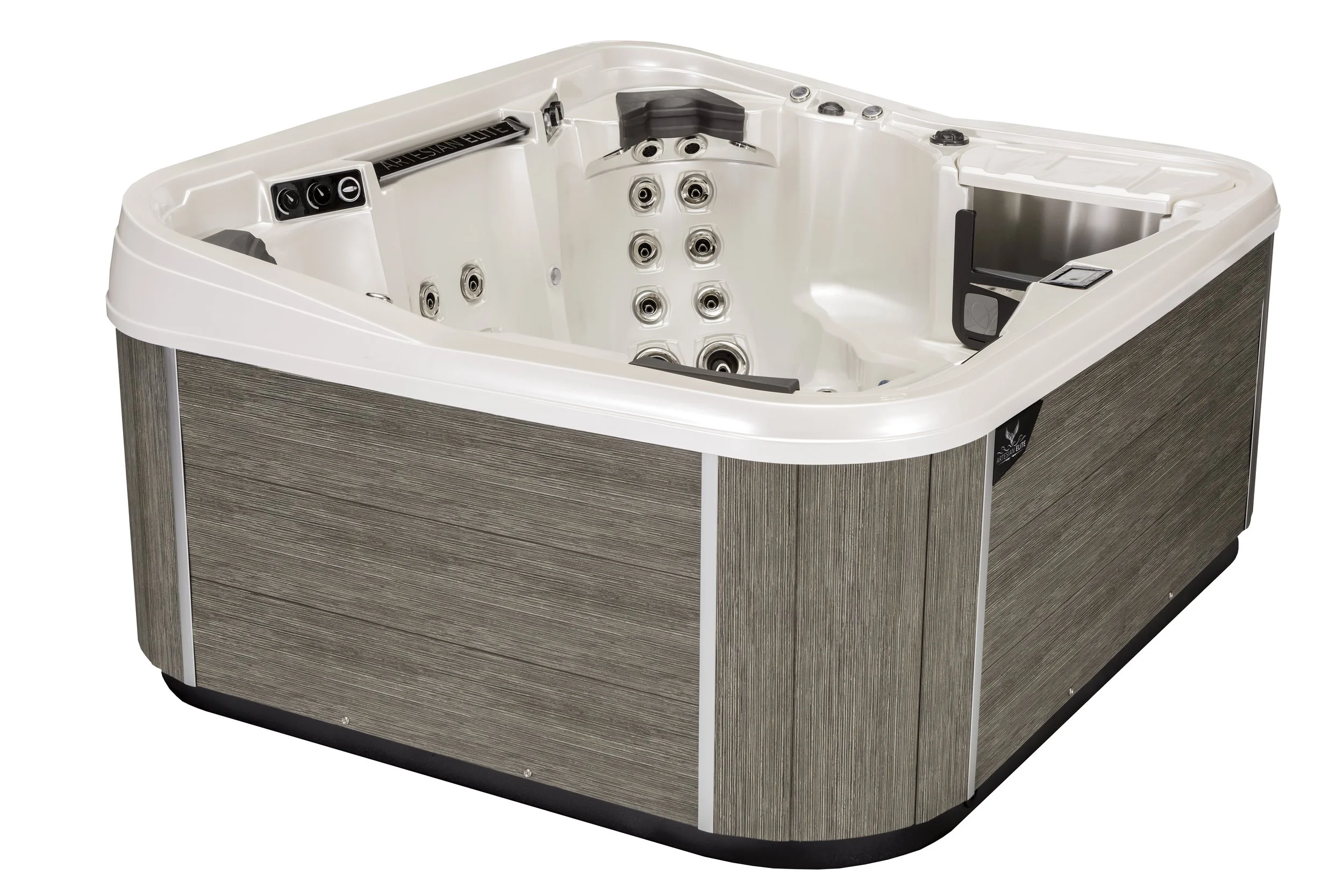 A modern, white hot tub with multiple water jets and controls, set in a wood-look exterior paneling.