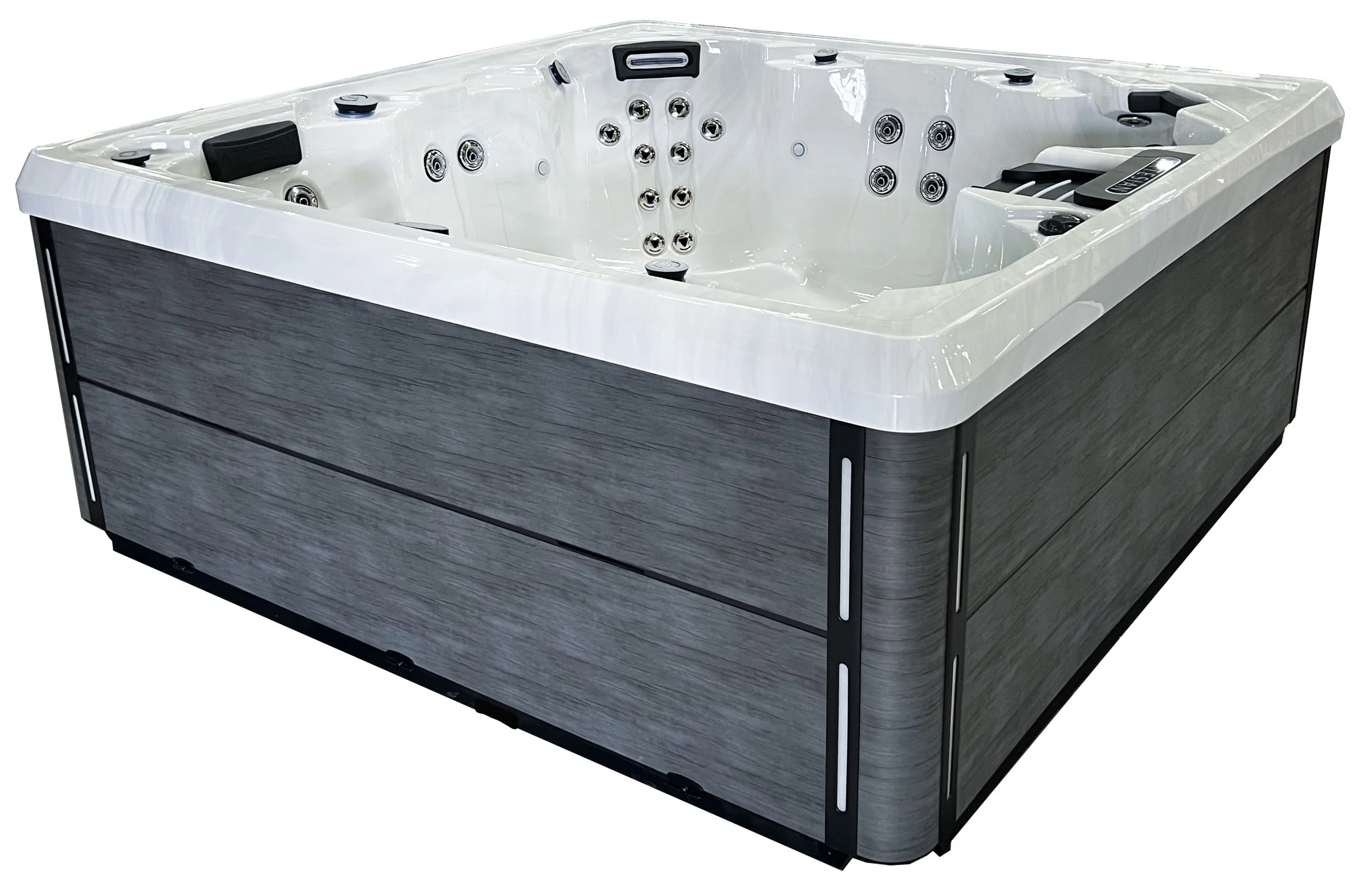 A modern outdoor hot tub with multiple jets, headrests, and a control panel, featuring a wood panel exterior.