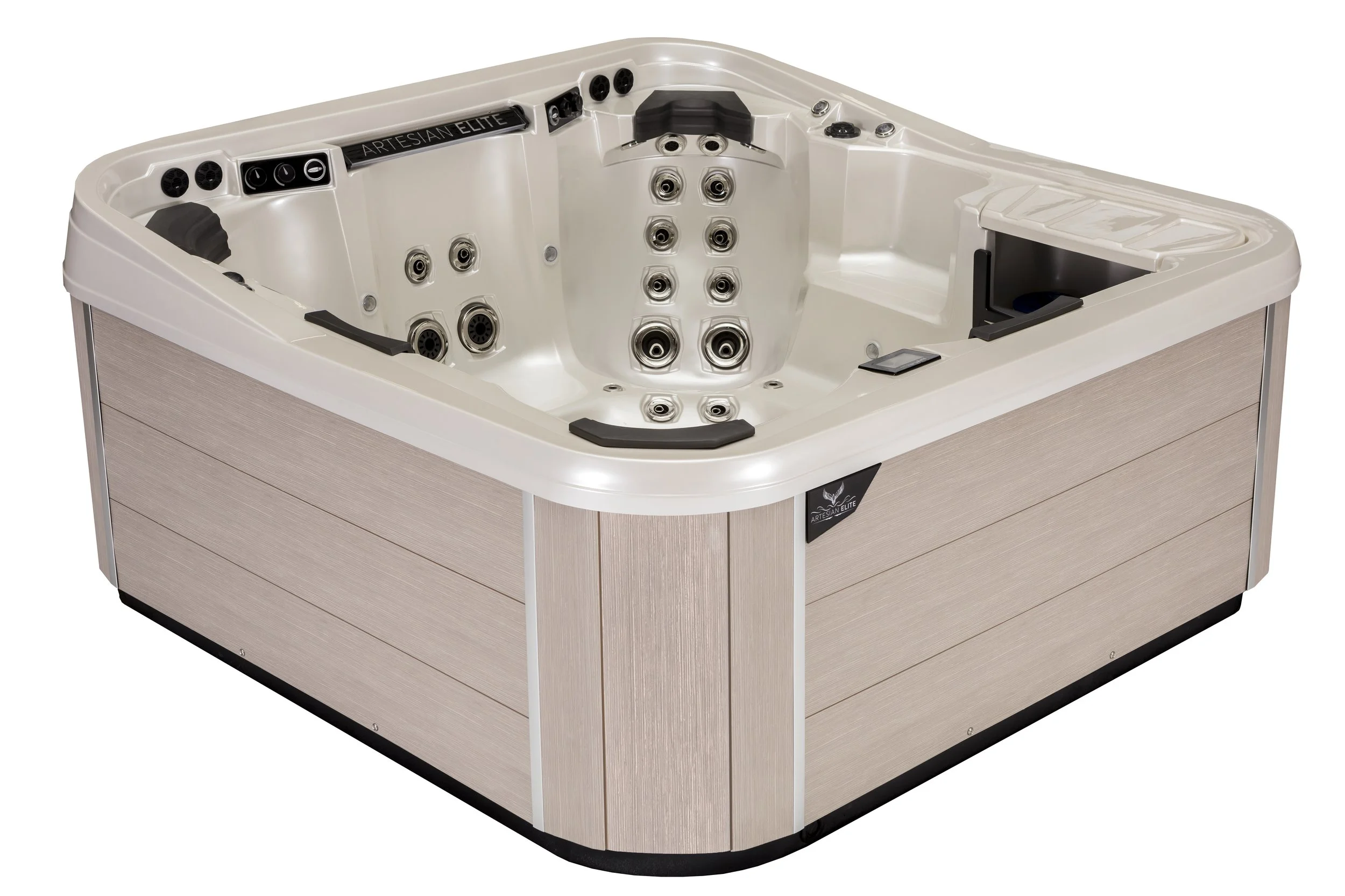 A white rectangular hot tub with multiple jet nozzles and control panels, set on a light wood-paneled exterior with black accents.