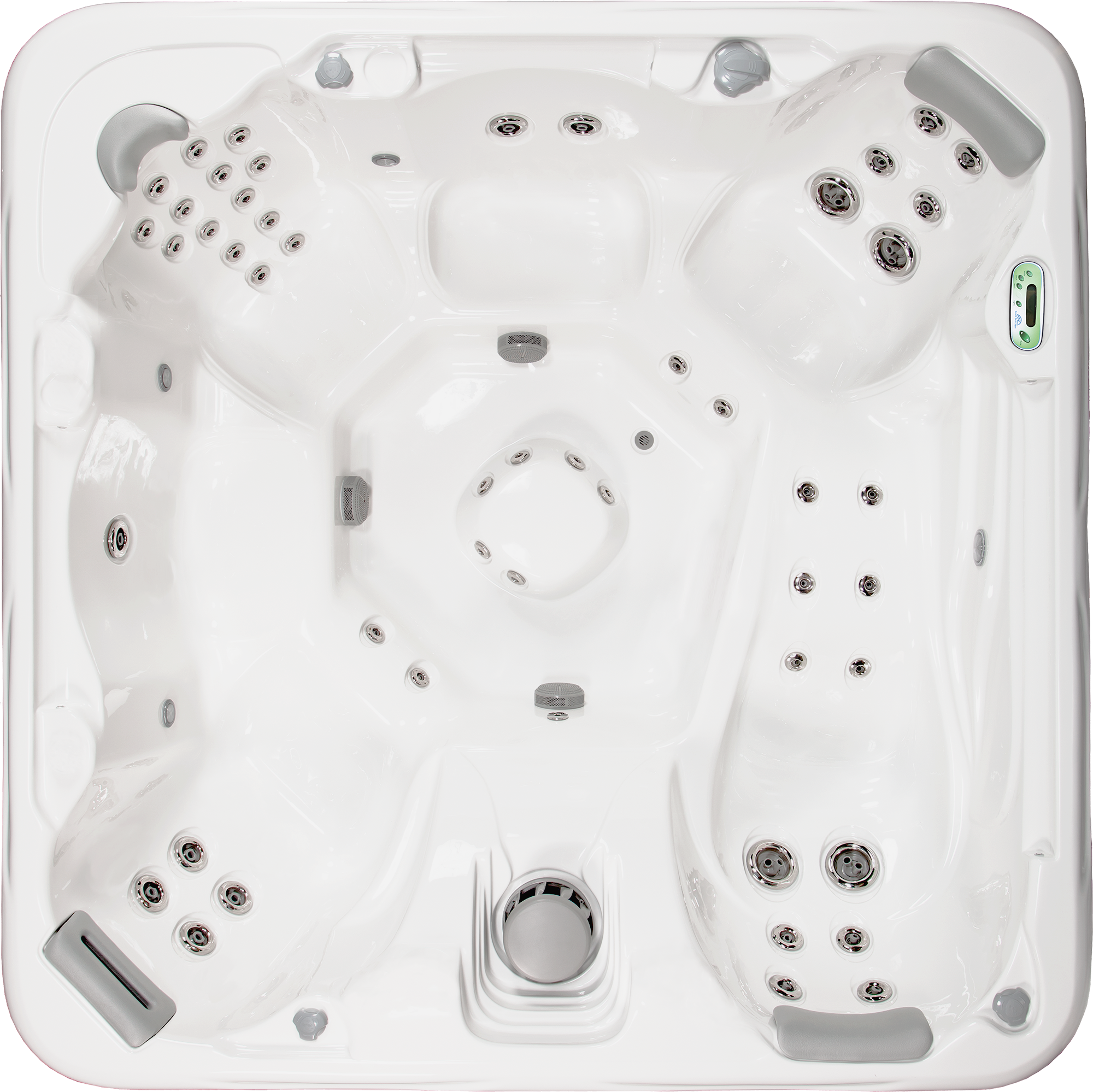 Top view of a large white hot tub with multiple water jets, headrests, and control panel.