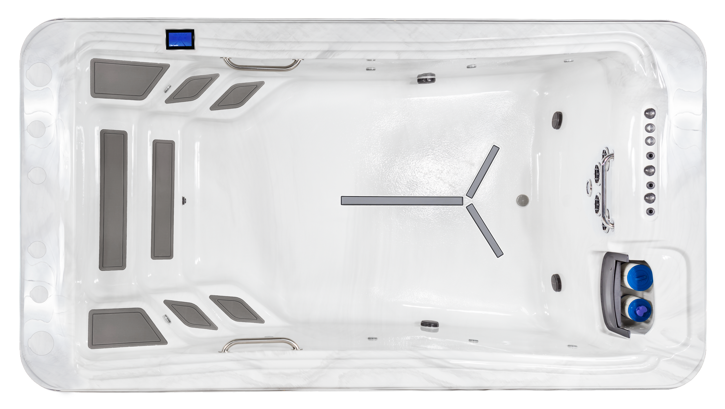Interior view of a white hot tub with black and gray accents, featuring control knobs, jets, and seating areas.