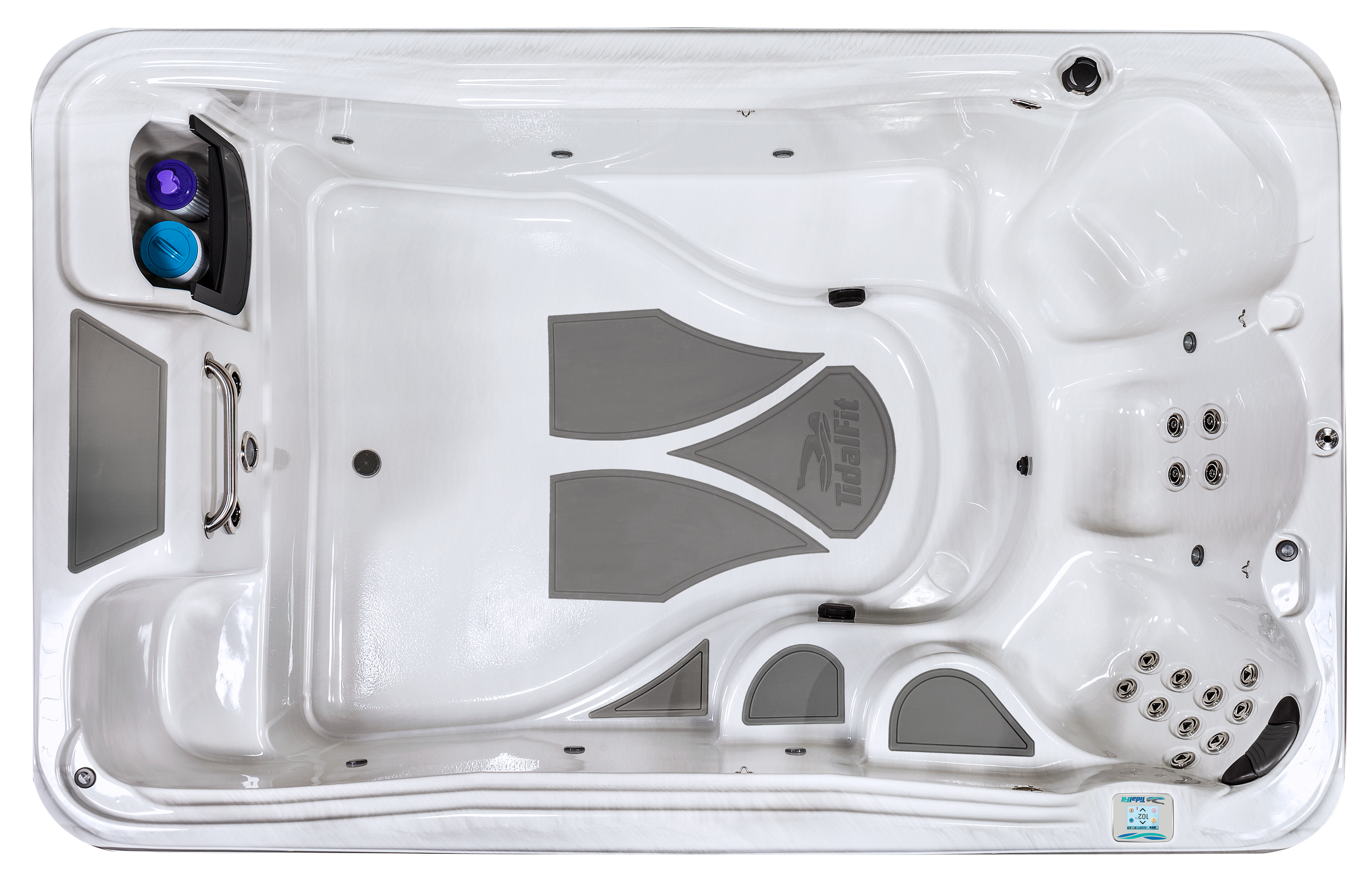 Top view of a white hot tub with gray and black accents, multiple jets, control knobs, and a gray foot mat.