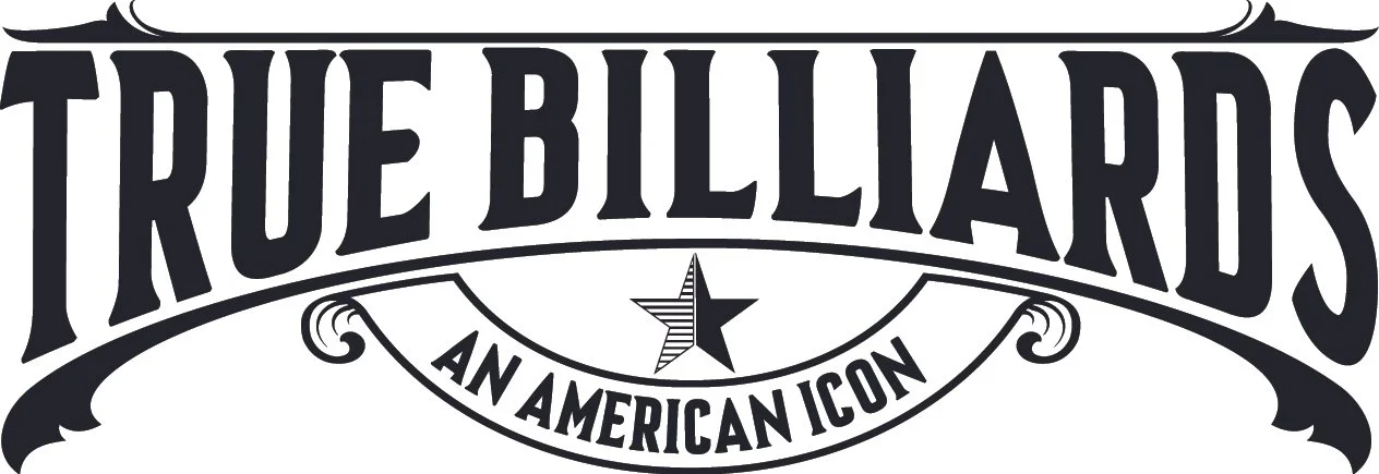 Logo for True Billiards with the tagline "An American Icon" in black and white.