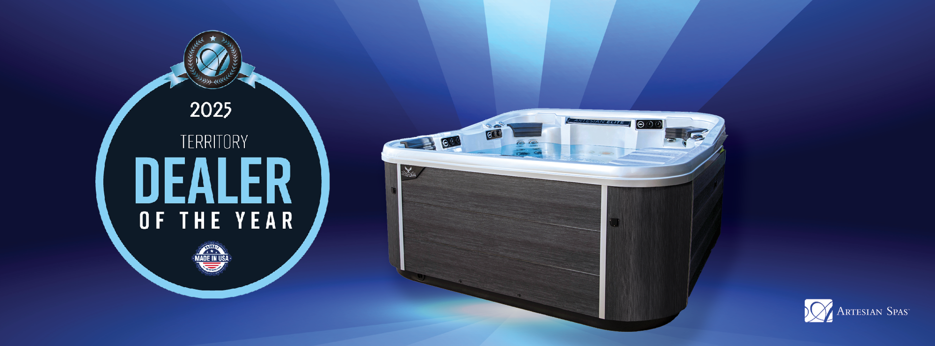 Hot tub on a blue background with text indicating Artesian Spa is the 2025 territory dealer of the year, made in USA.