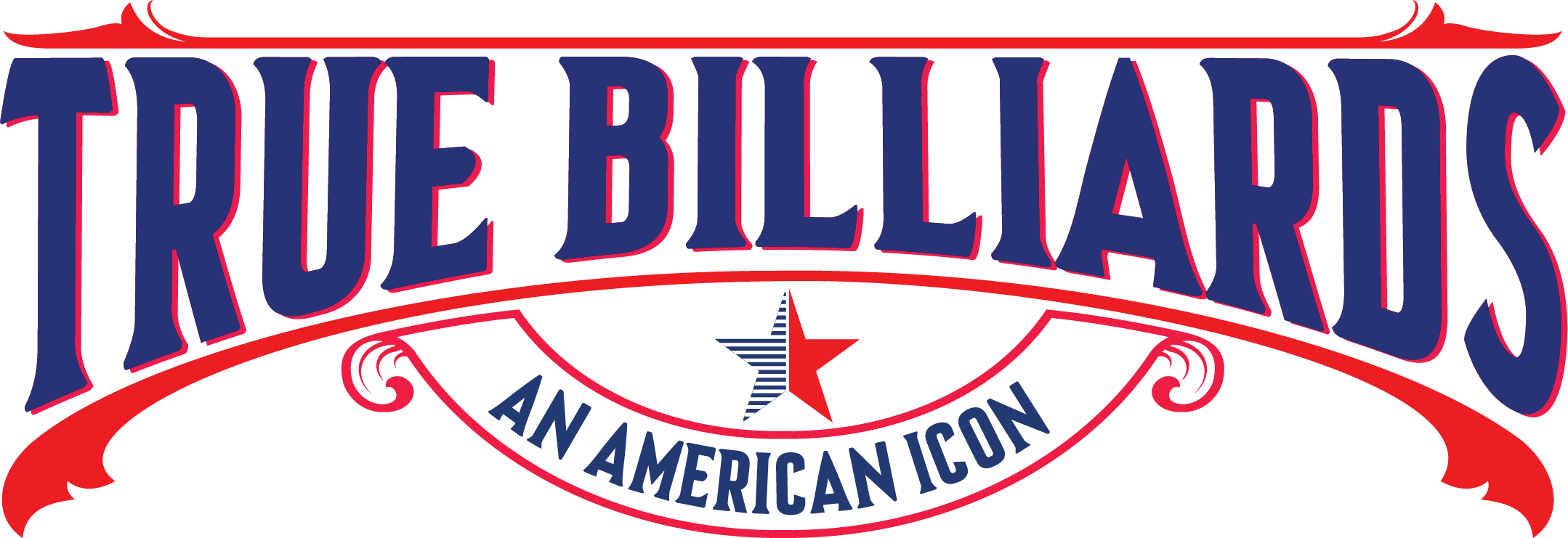 Logo for True Blues, an American icon, featuring stylized blue text with red accents, a star, and decorative flourishes.